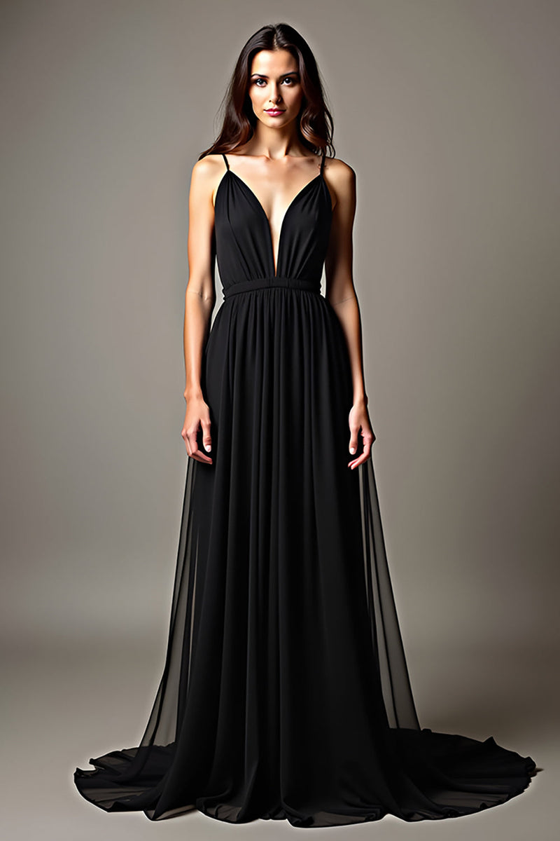 Load image into Gallery viewer, Black Pleated Deep V-Neck Long Tulle Graduation Dress