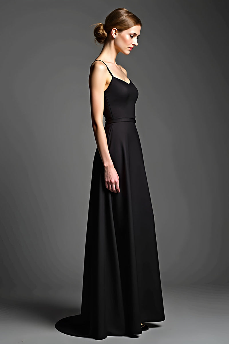 Load image into Gallery viewer, Black Spaghetti Straps A Line Long Satin Graduation Dress