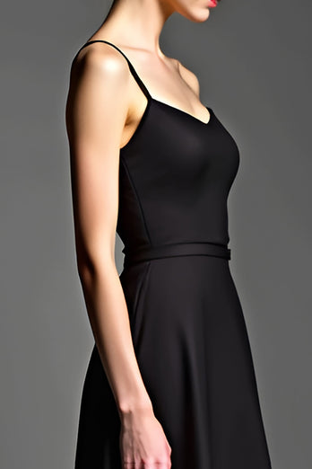 Black Spaghetti Straps A Line Long Satin Graduation Dress