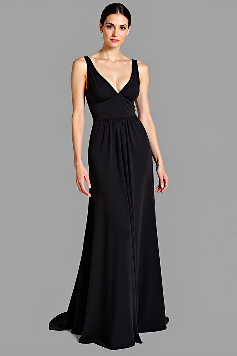 Load image into Gallery viewer, A Line Black V-Neck Long Backless Graduation Dress