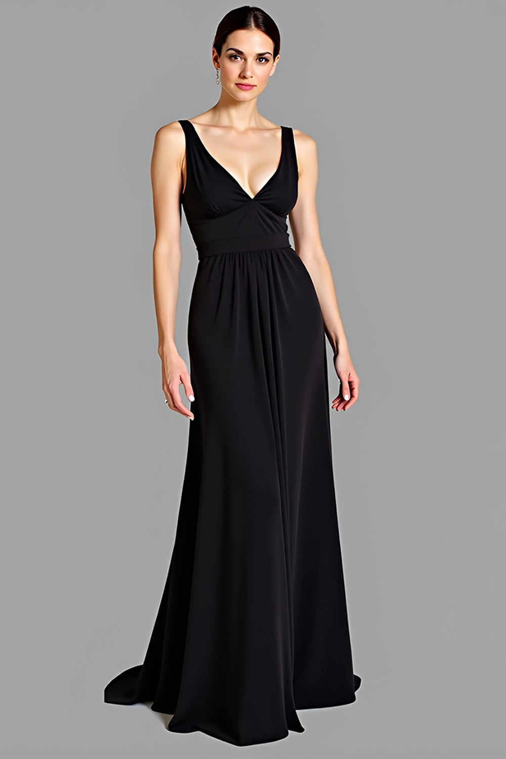 A Line Black V-Neck Long Backless Graduation Dress