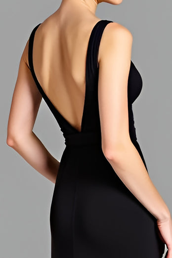 A Line Black V-Neck Long Backless Graduation Dress