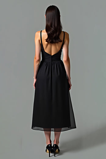 Black A Line Backless Pleated Long Graduation Dress