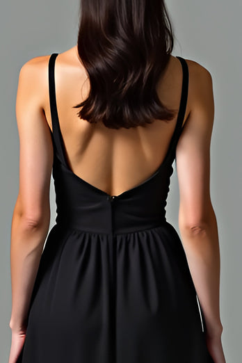 Black A Line Backless Pleated Long Graduation Dress