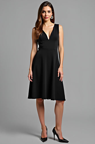 Black V-Neck A Line Knee Length Graduation Dress