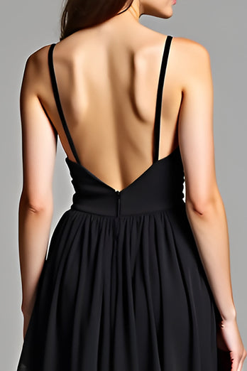 Black A Line V-Neck Long Backless Graduation Dress