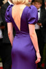 Load image into Gallery viewer, Purple Deep V-Neck Puff Sleeves Sheath Long Gala Dress