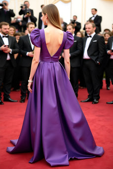 A Line Purple V-Neck Puff Sleeves Long Gala Dress