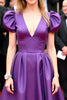 Load image into Gallery viewer, A Line Purple V-Neck Puff Sleeves Long Gala Dress