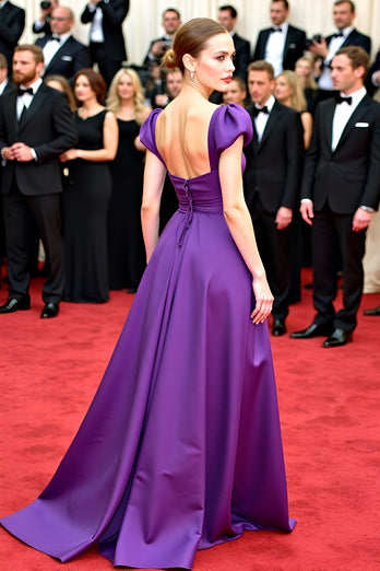 A Line Purple Backless Satin Long Gala Dress