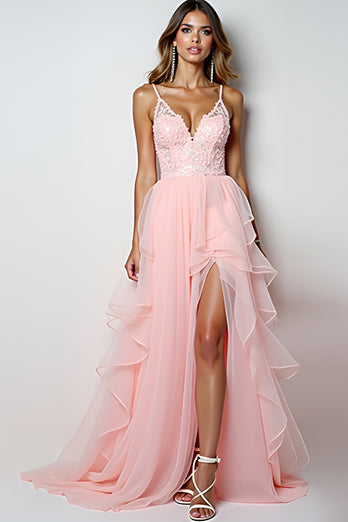 Blush Pink Tulle Tiered Appliques Long Prom Dress with Slit