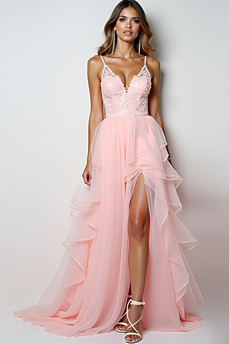 Load image into Gallery viewer, Blush Pink Tulle Tiered Appliques Long Prom Dress with Slit