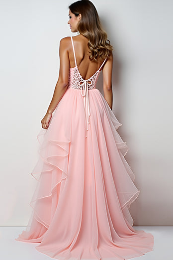 Blush Pink Tulle Tiered Appliques Long Prom Dress with Slit