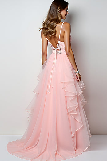 Blush Pink Tulle Tiered Appliques Long Prom Dress with Slit