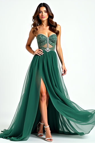 Dark Green Strapless Tulle Beaded Long Prom Dress with Slit