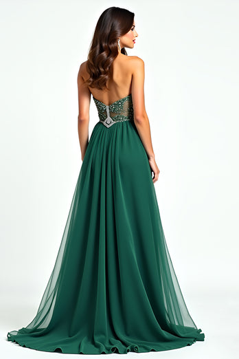 Dark Green Strapless Tulle Beaded Long Prom Dress with Slit