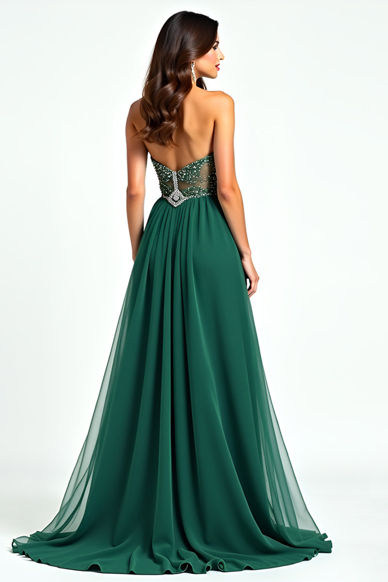 Load image into Gallery viewer, Dark Green Strapless Tulle Beaded Long Prom Dress with Slit