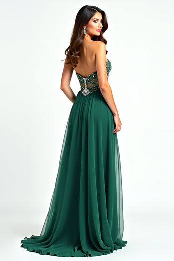 Dark Green Strapless Tulle Beaded Long Prom Dress with Slit