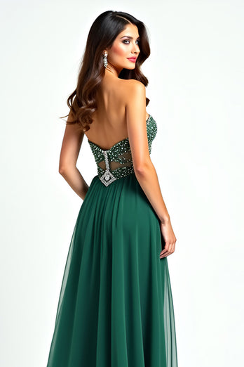 Dark Green Strapless Tulle Beaded Long Prom Dress with Slit