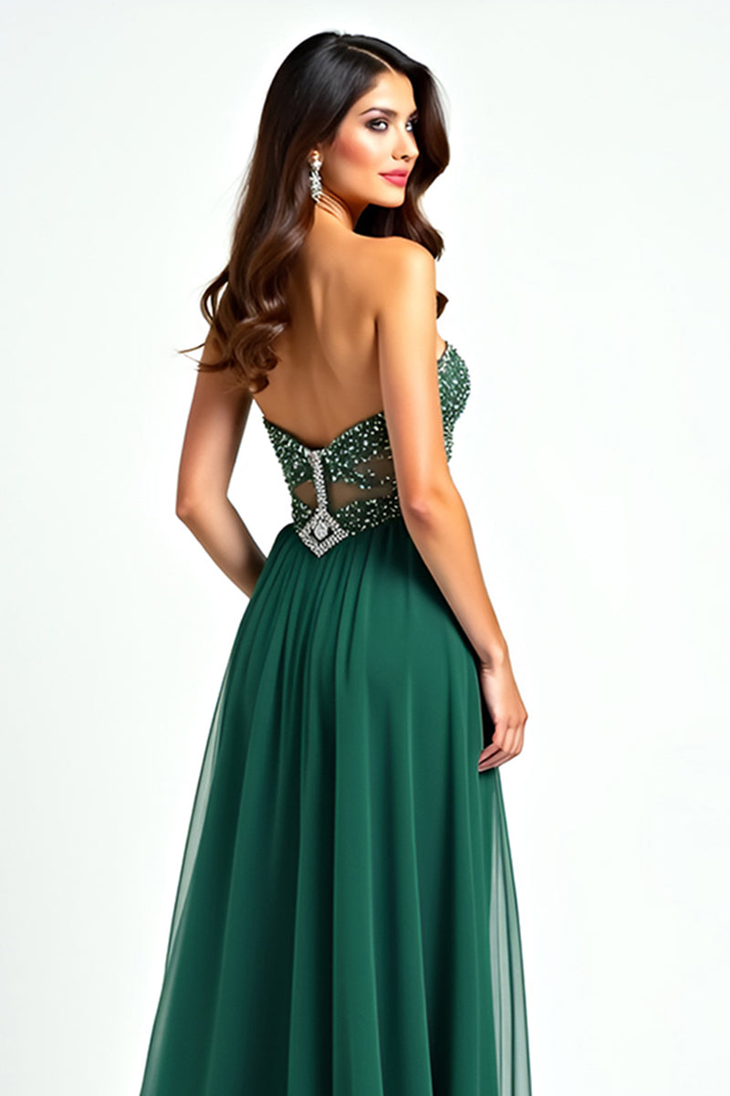 Load image into Gallery viewer, Dark Green Strapless Tulle Beaded Long Prom Dress with Slit