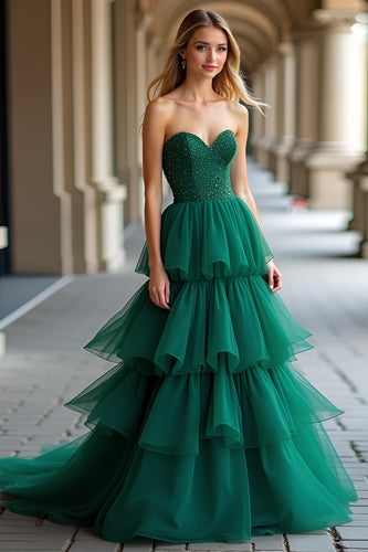 Dark Green Tiered Beaded Strapless Tulle Long Prom Dress