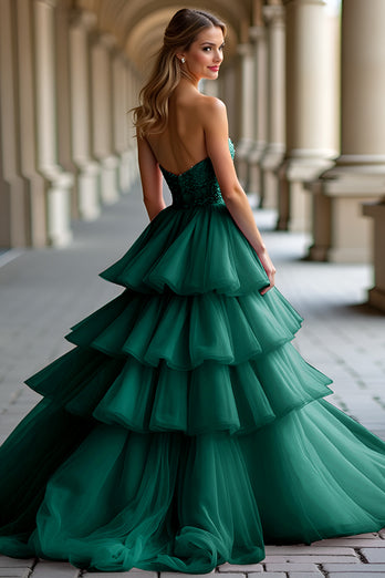 Dark Green Tiered Beaded Strapless Tulle Long Prom Dress