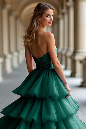 Dark Green Tiered Beaded Strapless Tulle Long Prom Dress