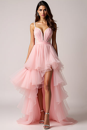 Blush Pink Tulle Beaded Long Asymmetrical Prom Dress