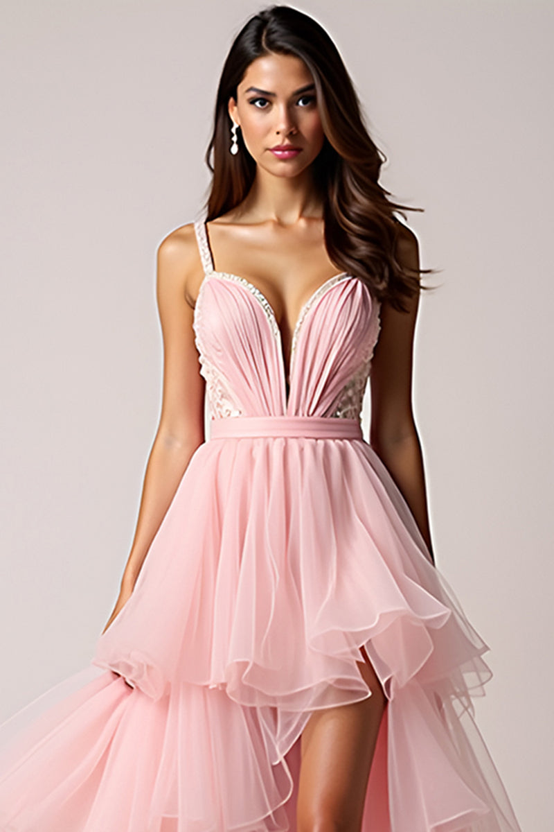 Load image into Gallery viewer, Blush Pink Tulle Beaded Long Asymmetrical Prom Dress