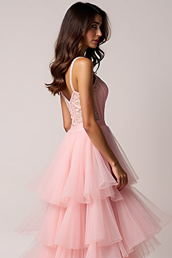 Blush Pink Tulle Beaded Long Asymmetrical Prom Dress