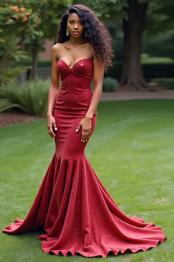 Sparkly Burgundy Mermaid Strapless Long Prom Dress