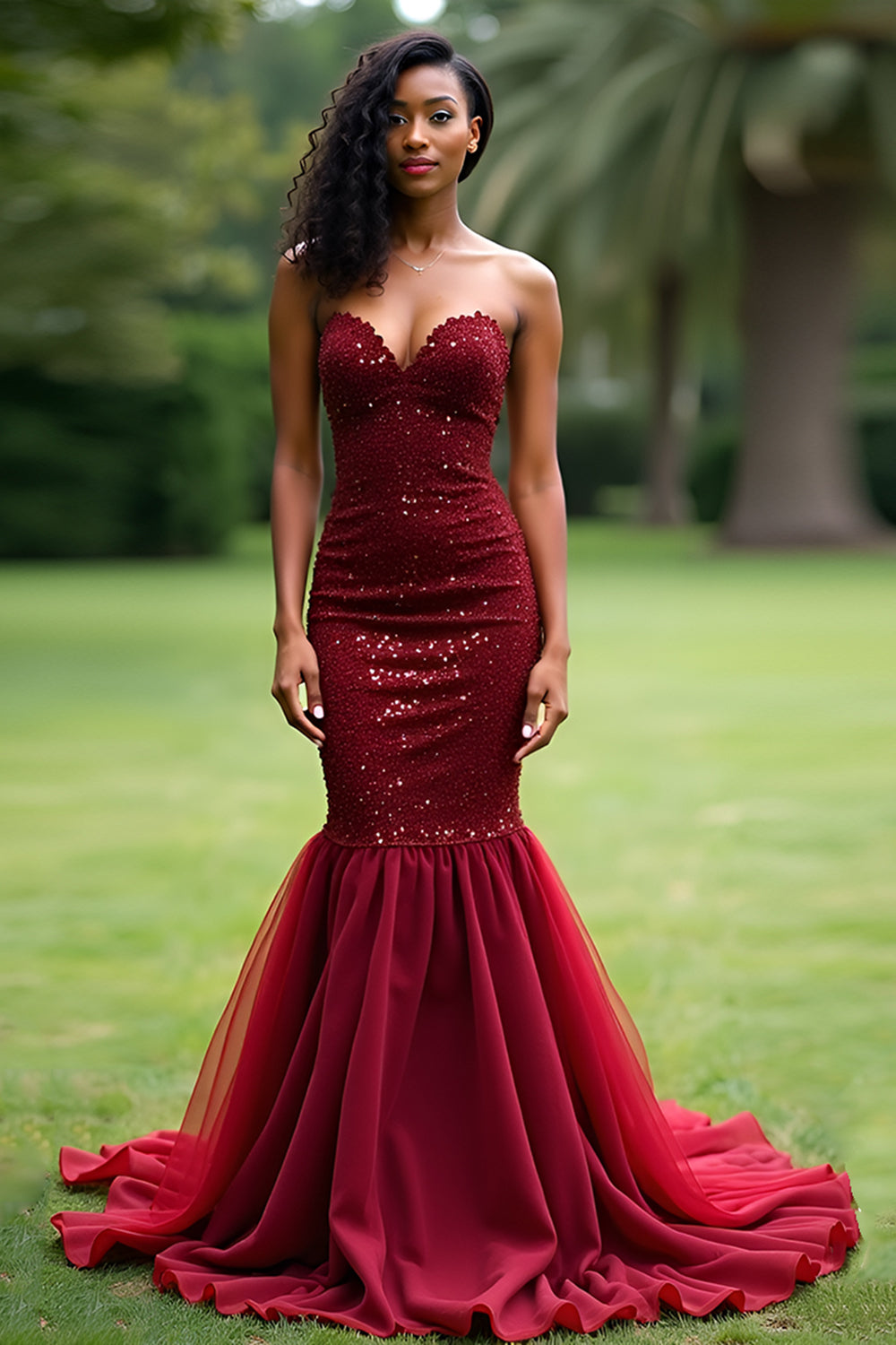 Sparkly Burgundy Mermaid Sequins Tulle Long Prom Dress