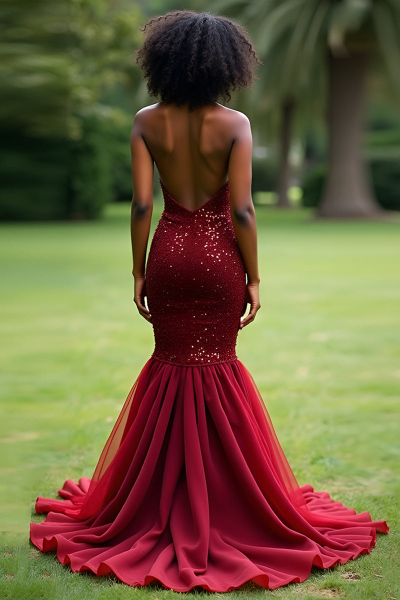 Load image into Gallery viewer, Sparkly Burgundy Mermaid Sequins Tulle Long Prom Dress