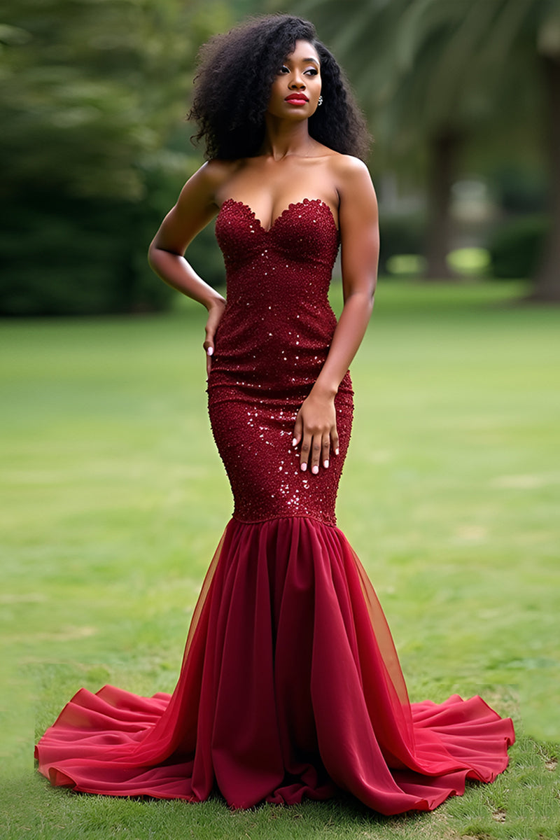 Load image into Gallery viewer, Sparkly Burgundy Mermaid Sequins Tulle Long Prom Dress