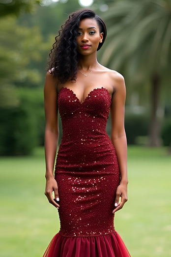 Sparkly Burgundy Mermaid Sequins Tulle Long Prom Dress