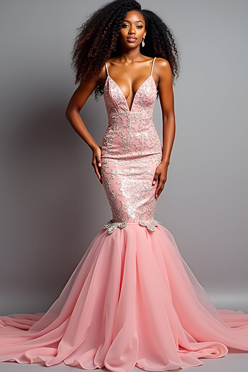 Load image into Gallery viewer, Blush Pink Mermaid Tulle Appliques Long Prom Dress