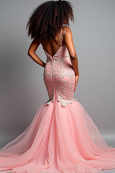 Blush Pink Mermaid Tulle Appliques Long Prom Dress