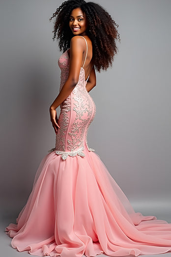 Blush Pink Mermaid Tulle Appliques Long Prom Dress