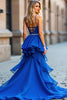 Load image into Gallery viewer, Royal Blue A Line V-Neck Tiered Long Prom Dress with Slit