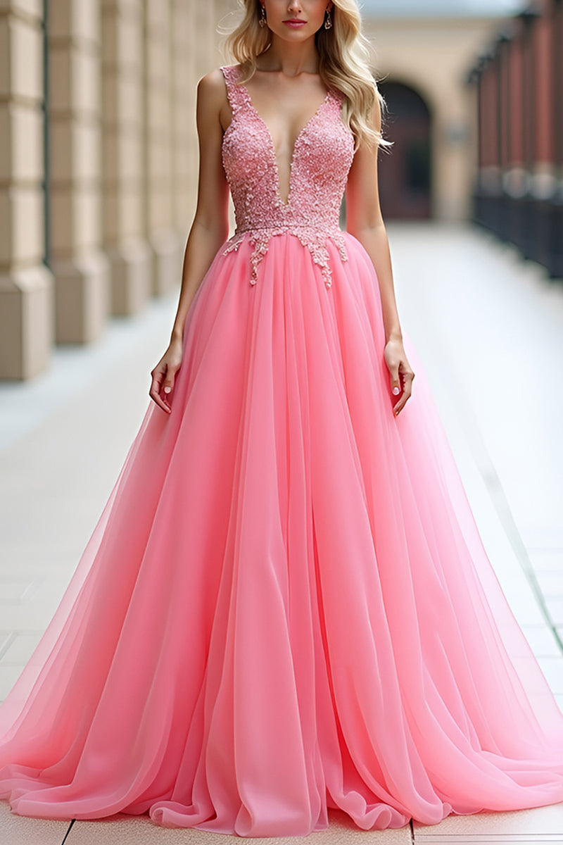 Load image into Gallery viewer, Pink A Line Tulle Ball Gown Long Prom Dress with Appliques