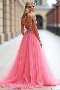 Pink A Line Tulle Ball Gown Long Prom Dress with Appliques