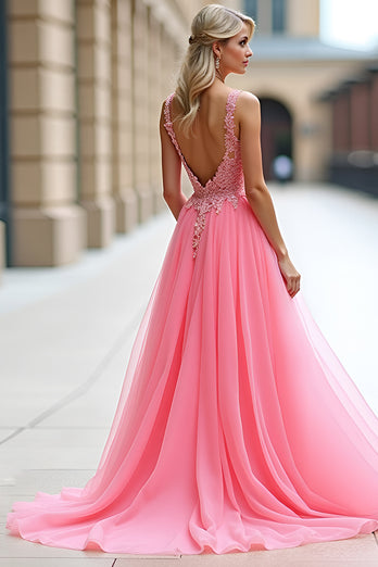 Pink A Line Tulle Ball Gown Long Prom Dress with Appliques