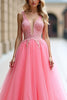 Load image into Gallery viewer, Pink A Line Tulle Ball Gown Long Prom Dress with Appliques