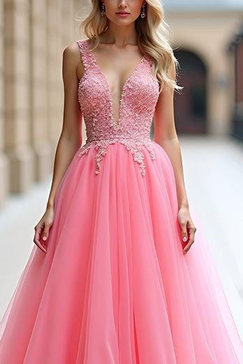 Pink A Line Tulle Ball Gown Long Prom Dress with Appliques