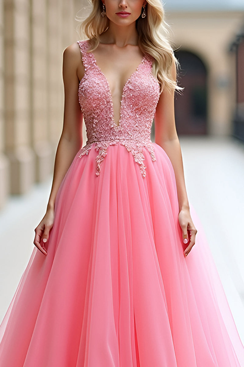 Load image into Gallery viewer, Pink A Line Tulle Ball Gown Long Prom Dress with Appliques