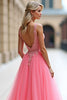 Load image into Gallery viewer, Pink A Line Tulle Ball Gown Long Prom Dress with Appliques