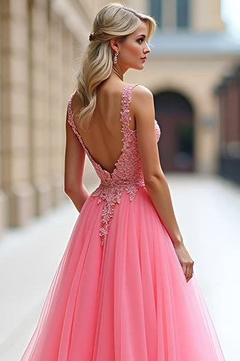 Pink A Line Tulle Ball Gown Long Prom Dress with Appliques