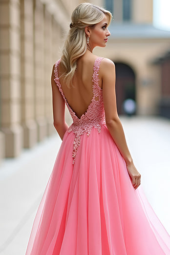 Pink A Line Tulle Ball Gown Long Prom Dress with Appliques