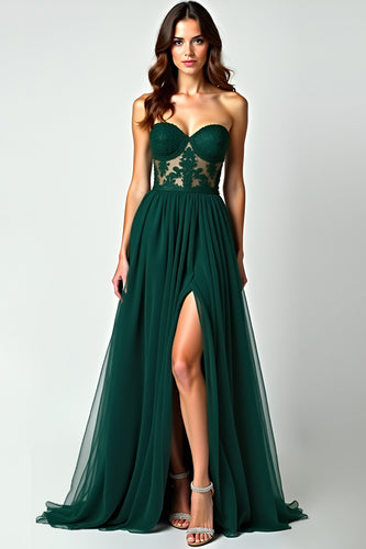 Dark Green A Line Strapless Appliques Long Prom Dress with Slit