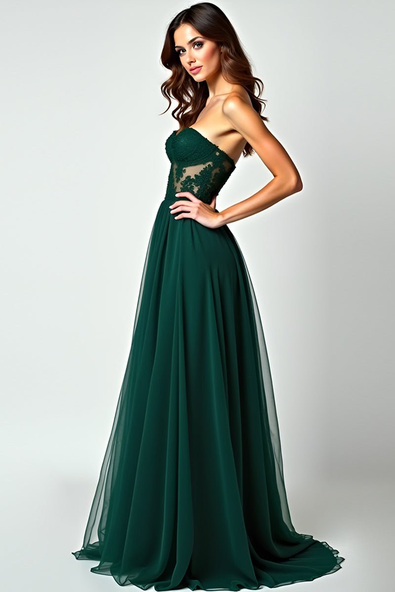 Load image into Gallery viewer, Dark Green A Line Strapless Appliques Long Prom Dress with Slit